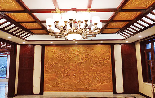 良庆中式别墅客厅中式木作横梁吊顶装饰展示